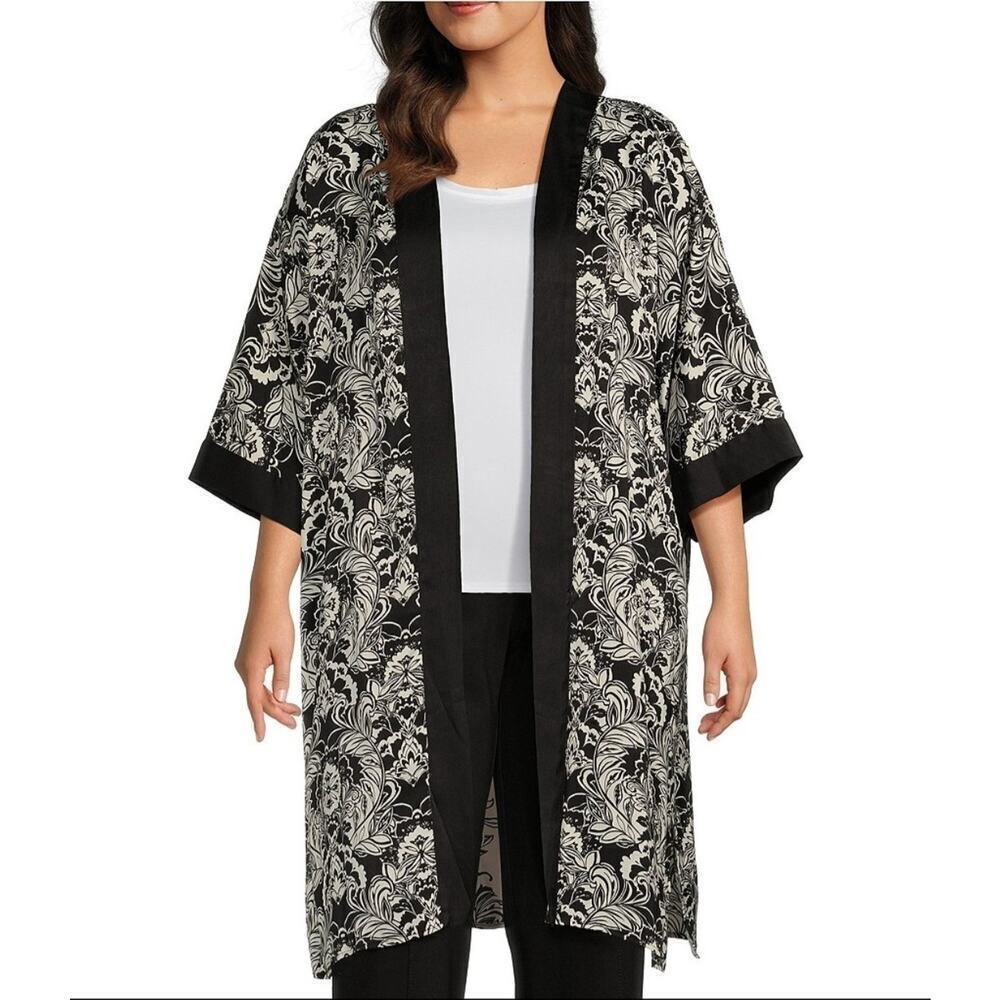Slim Factor Stylized Floral Placement Print 3/4 Sleeve Kimono Size 3X Cardigan